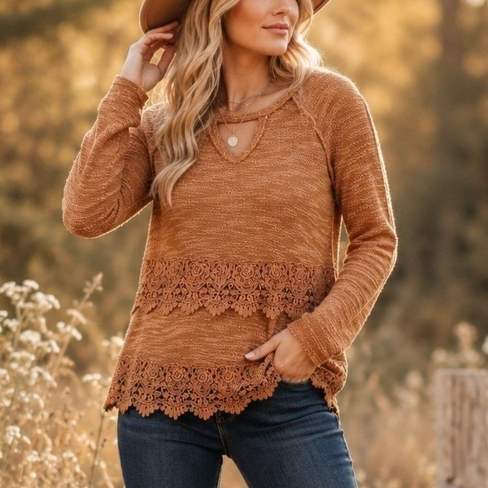 Maurices Lace Trim Knit Top Rust Orange Cottagecore Rustic Festival Small